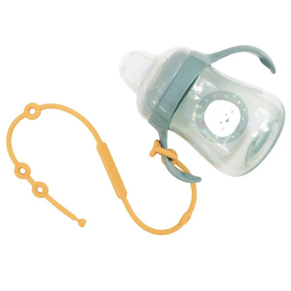 Biberão transparente com tampa azul e fita amarela para prender