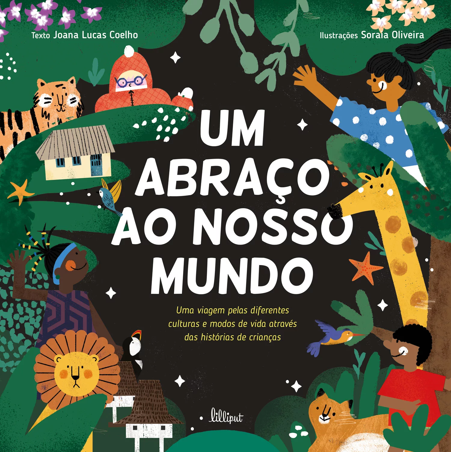 Capa colorida de livro infantil com animais e crianças, texto em português.
