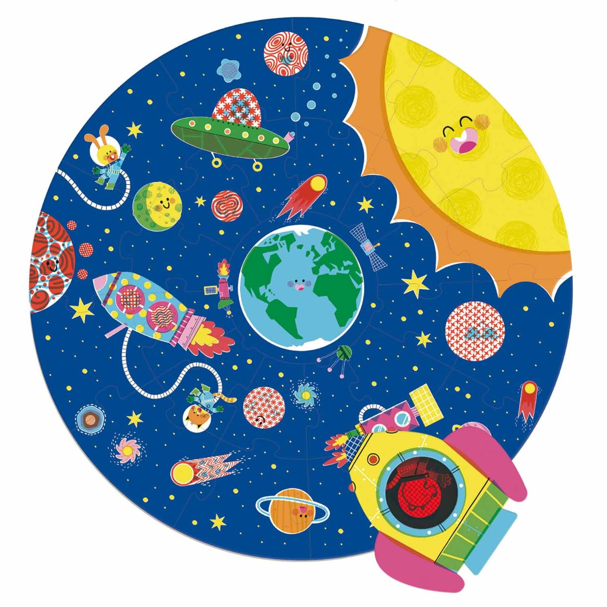 Ilustração circular com tema espacial colorido e personagens sorridentes