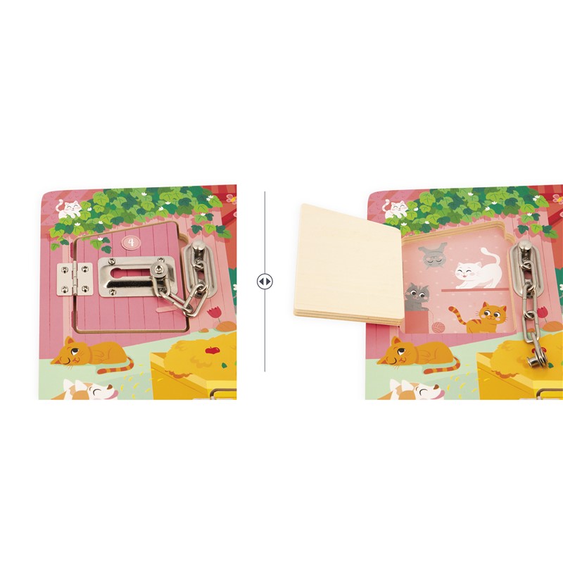 Painel de madeira com trancas metálicas e ilustração de gatos e cães coloridos