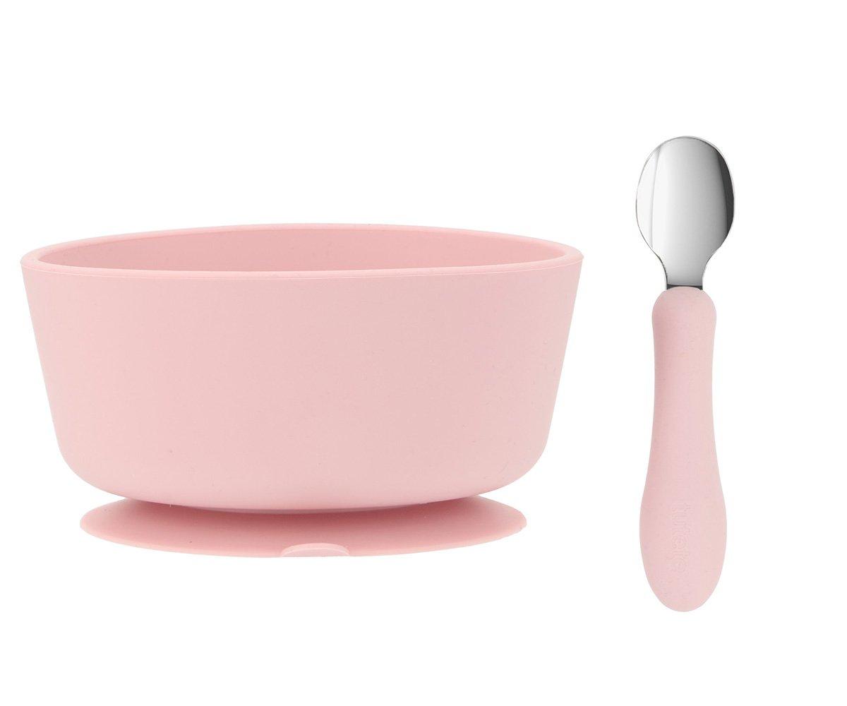 Tigela rosa com colher de pega em silicone rosa e ponta metálica