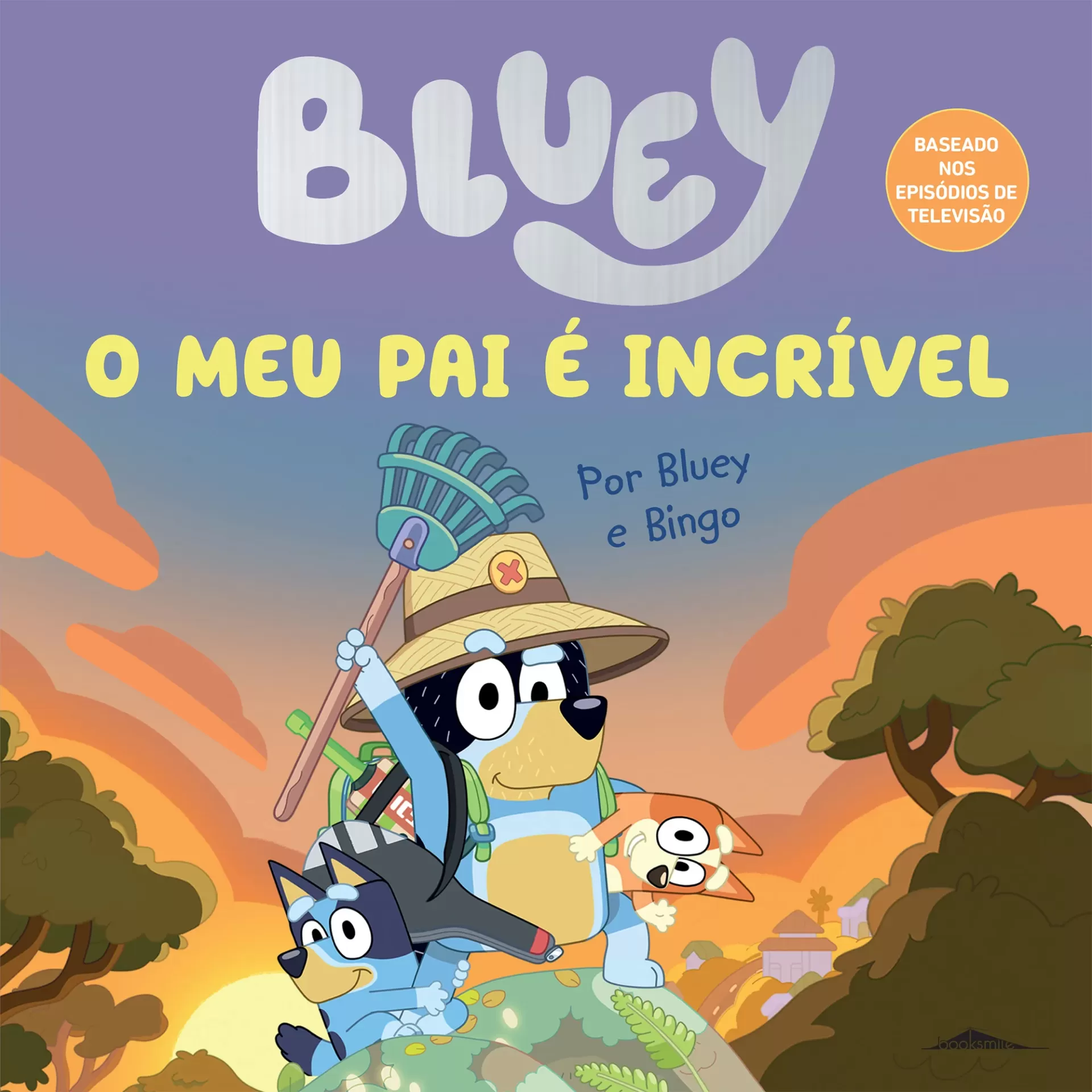 Capa de livro animado Bluey com três cães coloridos ao pôr do sol.