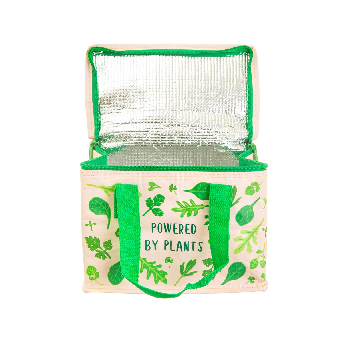 Mala térmica bege com alças e padrão verde e interior térmico prateado aberta