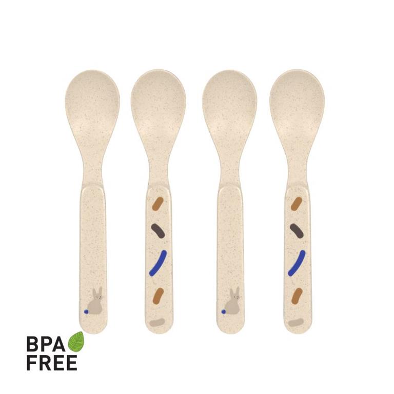 Conjunto de quatro colheres infantis bege com desenhos coloridos e selo BPA FREE