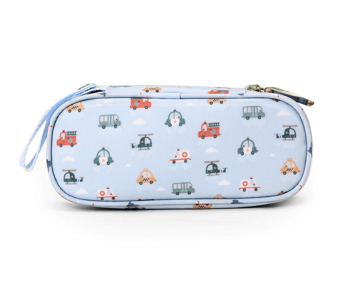Estojo escolar azul com desenhos de veículos coloridos