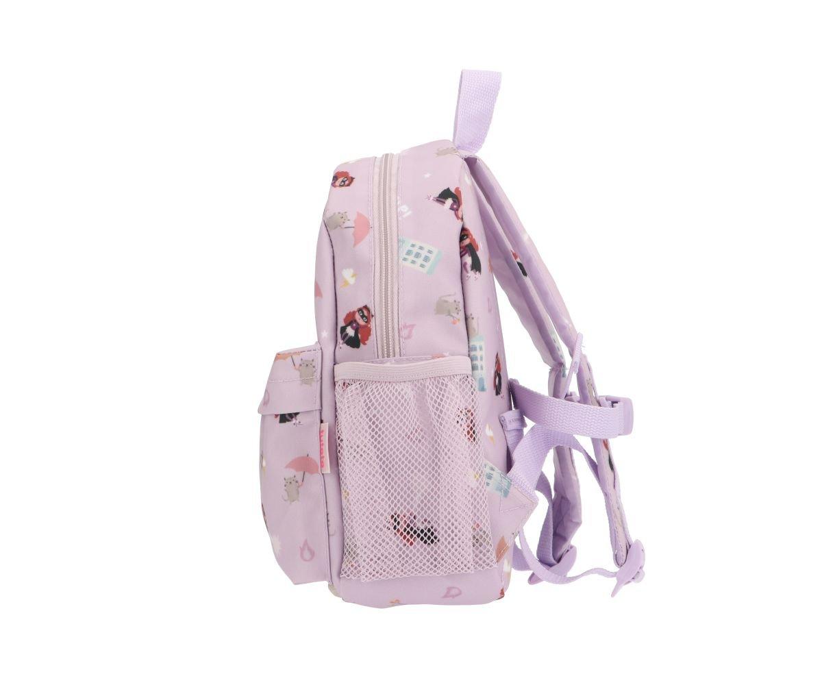 Mochila infantil lilás com padrão colorido, bolso lateral de malha e alças ajustáveis