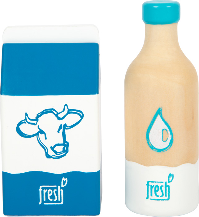 Recipientes de madeira para leite com desenho de vaca e símbolo de gota, ambos com texto 'fresh'