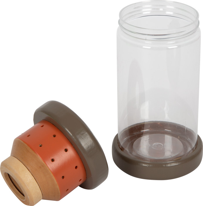 Recipiente plástico transparente com tampa castanha e terracota em forma de vaso de barro