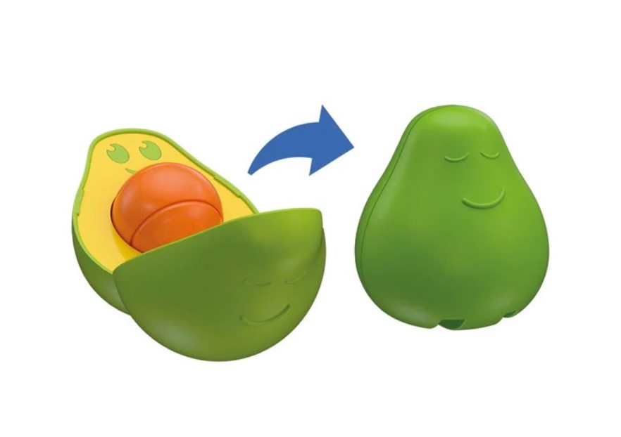 Brinquedo em forma de abacate verde com bola laranja interior