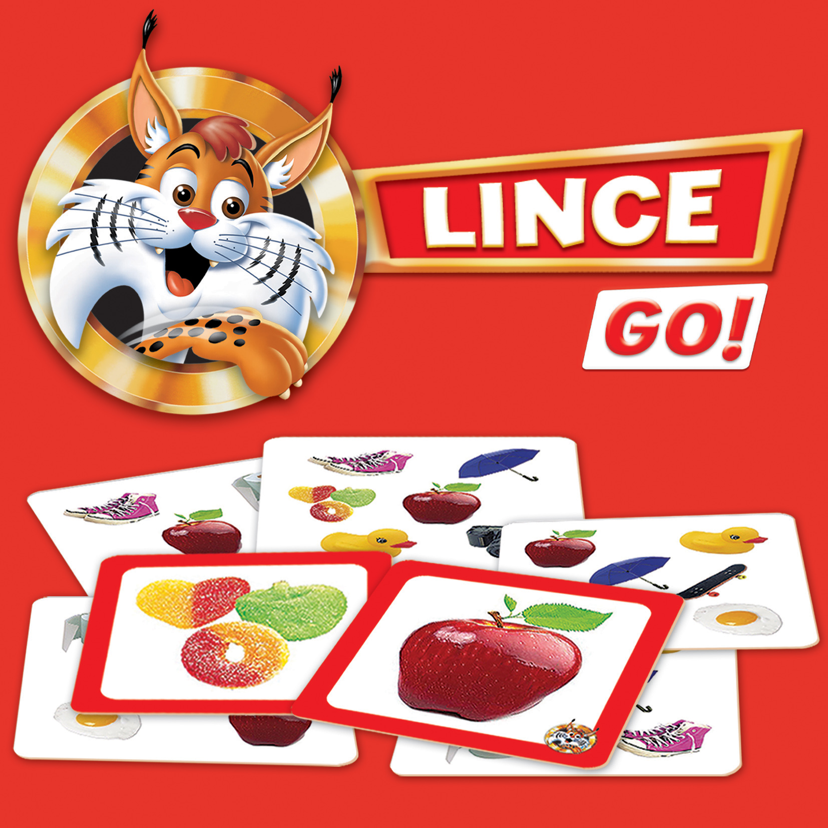 Cartas coloridas de jogo com frutas e desenho de um lince animado e texto LINCE GO!