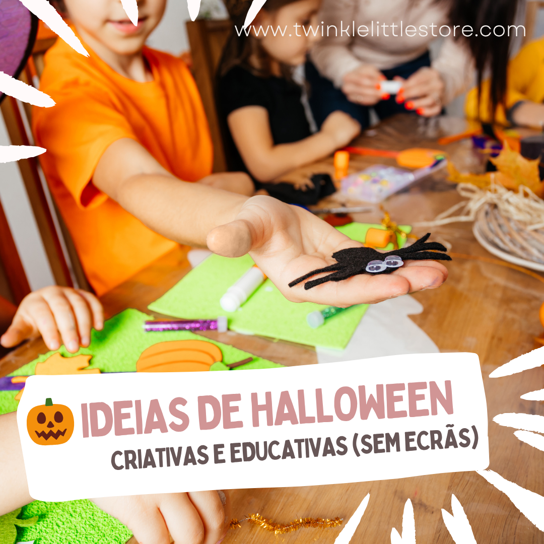🎃 Ideias de Halloween Criativas e Educativas (Sem Ecrãs) | Twinkle Little Store Crianças a fazerem trabalhos manuais de Halloween com feltro e decoração em mesa de madeira