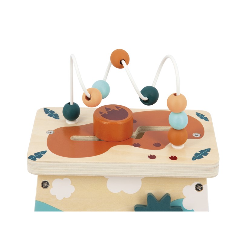 Brinquedo de atividade infantil em madeira com contas coloridas e base decorada