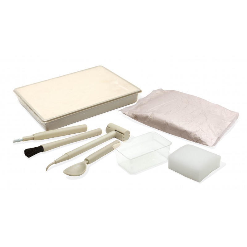 Conjunto de ferramentas de cerâmica com peneira, pincel, espátula, colher, rolo, recipiente e esponja, com saco de pó rosa