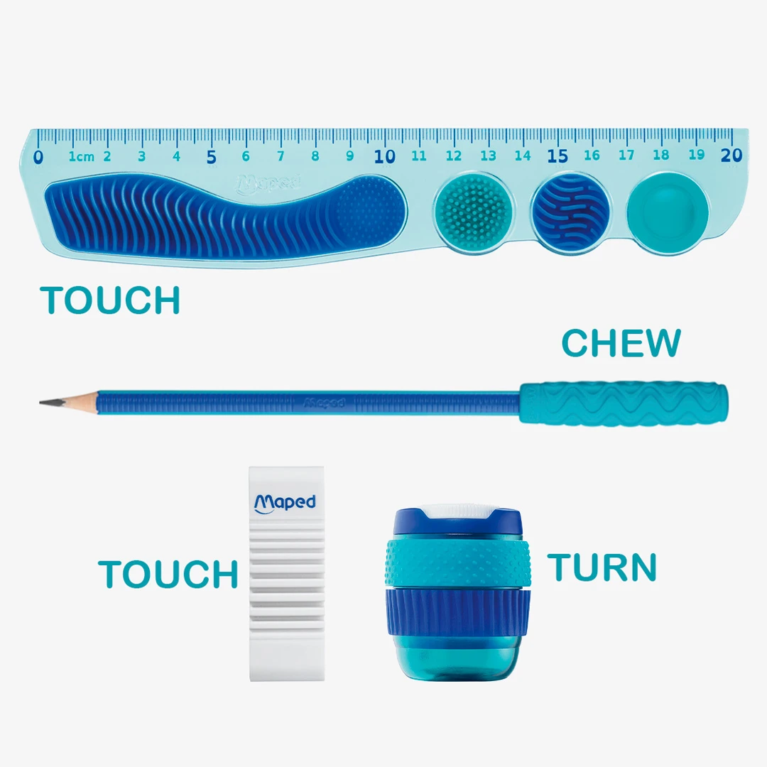Conjunto de materiais escolares azuis com texturas e funcionalidades sensoriais