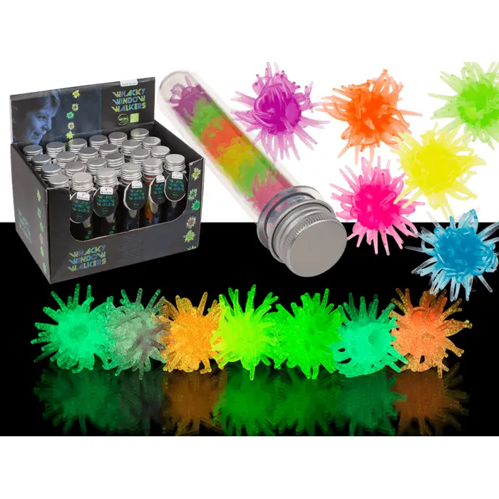 Bolas de plástico coloridas em tubo transparente e caixa preta com texto MOODIE MOODY VIBRATIONS