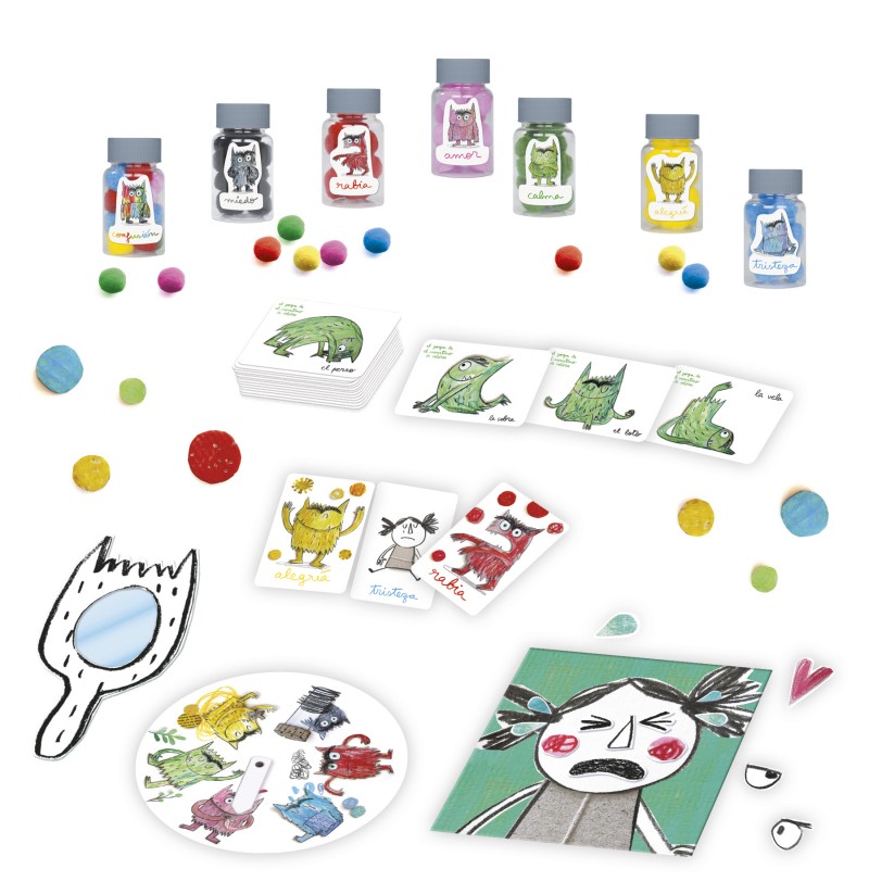 Jogo de cartas colorido com frascos e cartas ilustradas com monstros e acessórios