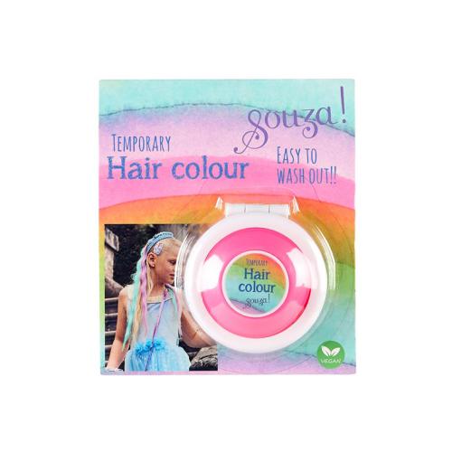 Caixa de produto para cor temporária de cabelo rosa e branco com texto e imagem de criança