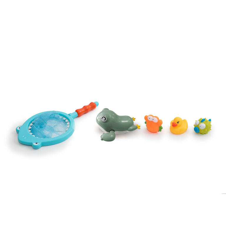 Conjunto de brinquedos de banho com rede e animais coloridos