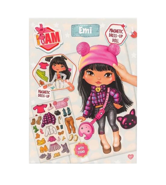 Boneca de vestir magnética Emi com acessórios em embalagem colorida.