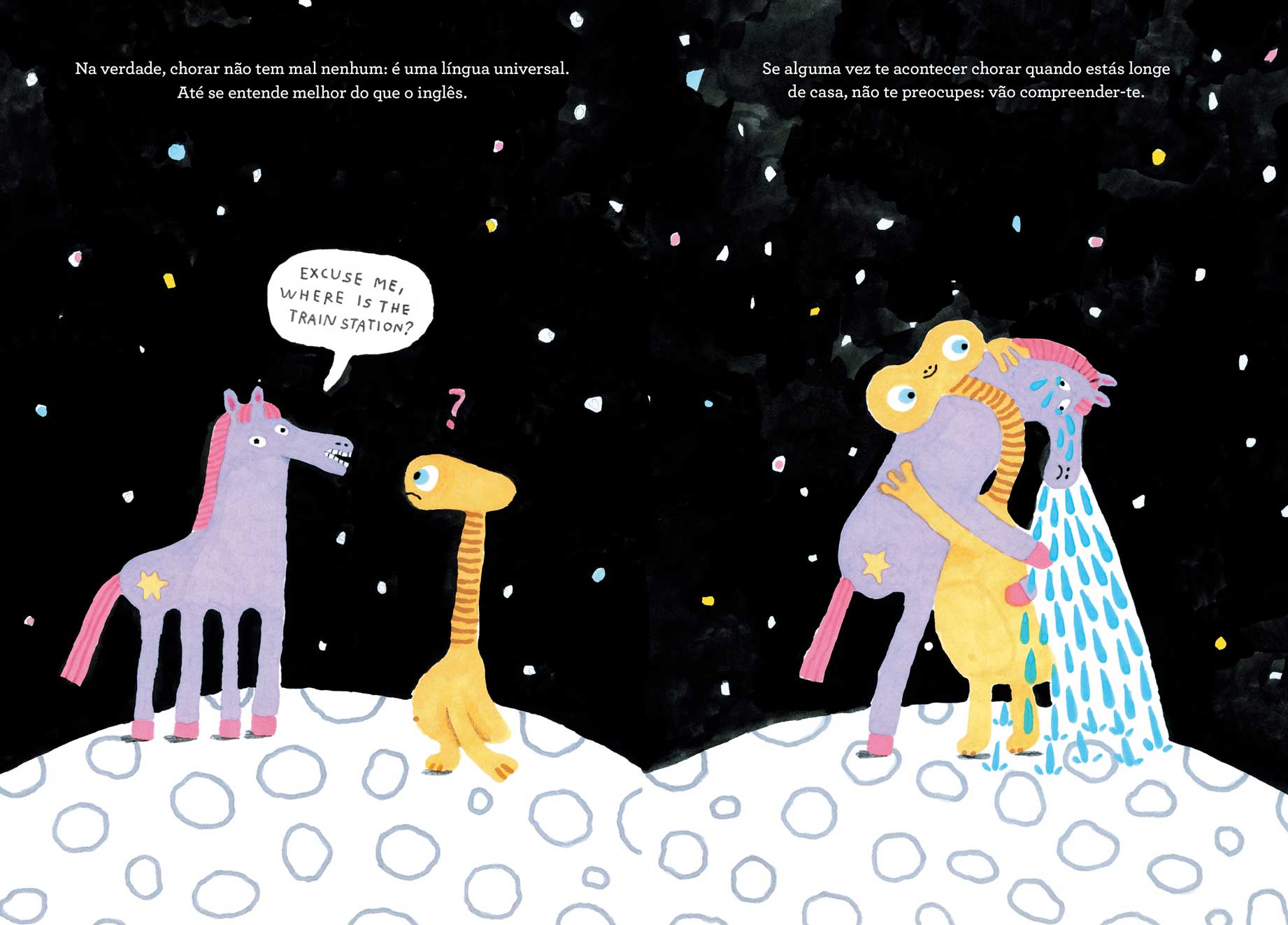 Desenho de quatro animais coloridos sob céu estrelado e superfície cinzenta com círculos.