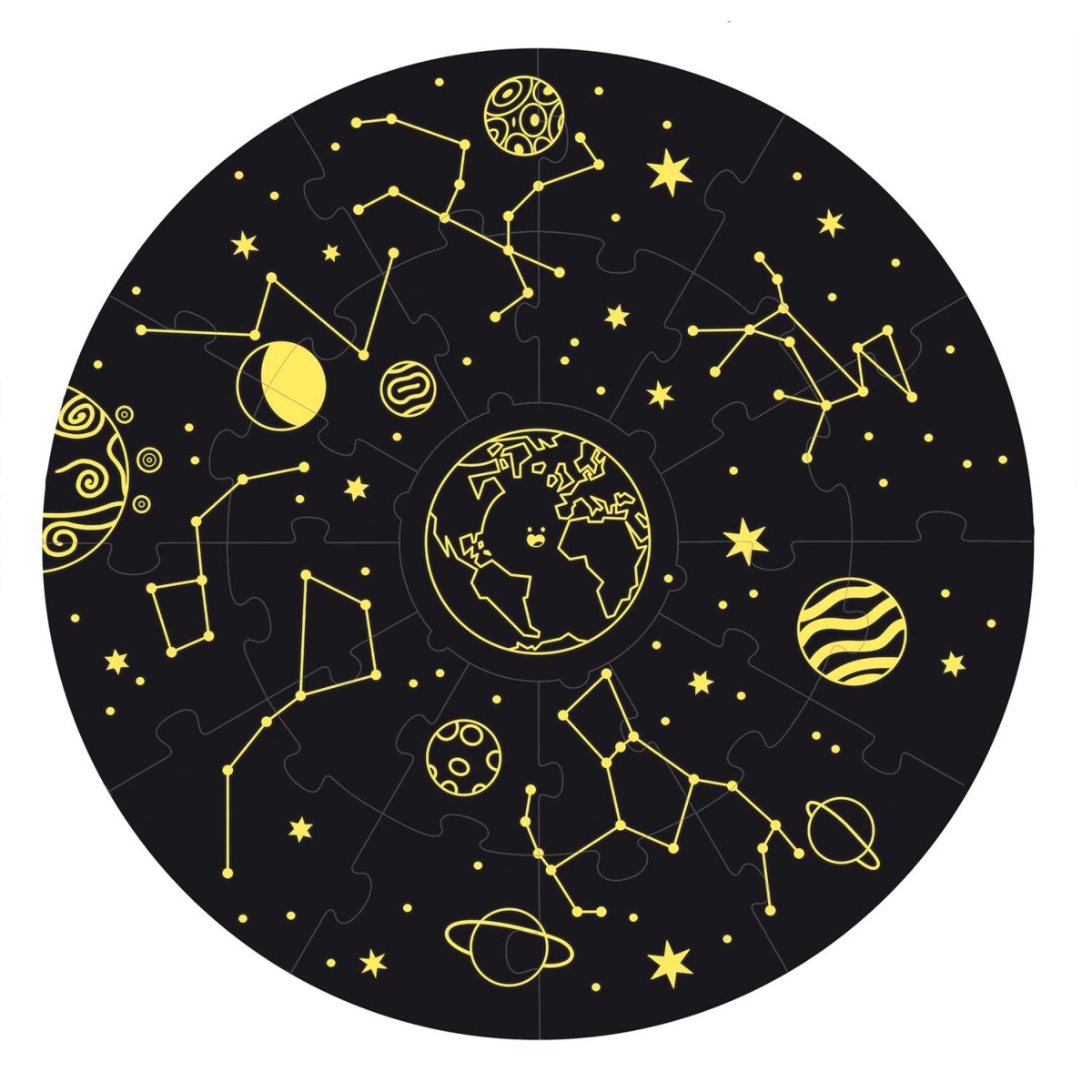 Puzzle redondo com desenho de constelações e planetas amarelos sobre fundo preto