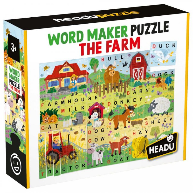 Caixa do puzzle 'Word Maker Puzzle The Farm' com imagens coloridas e palavras em inglês, da marca Headu.