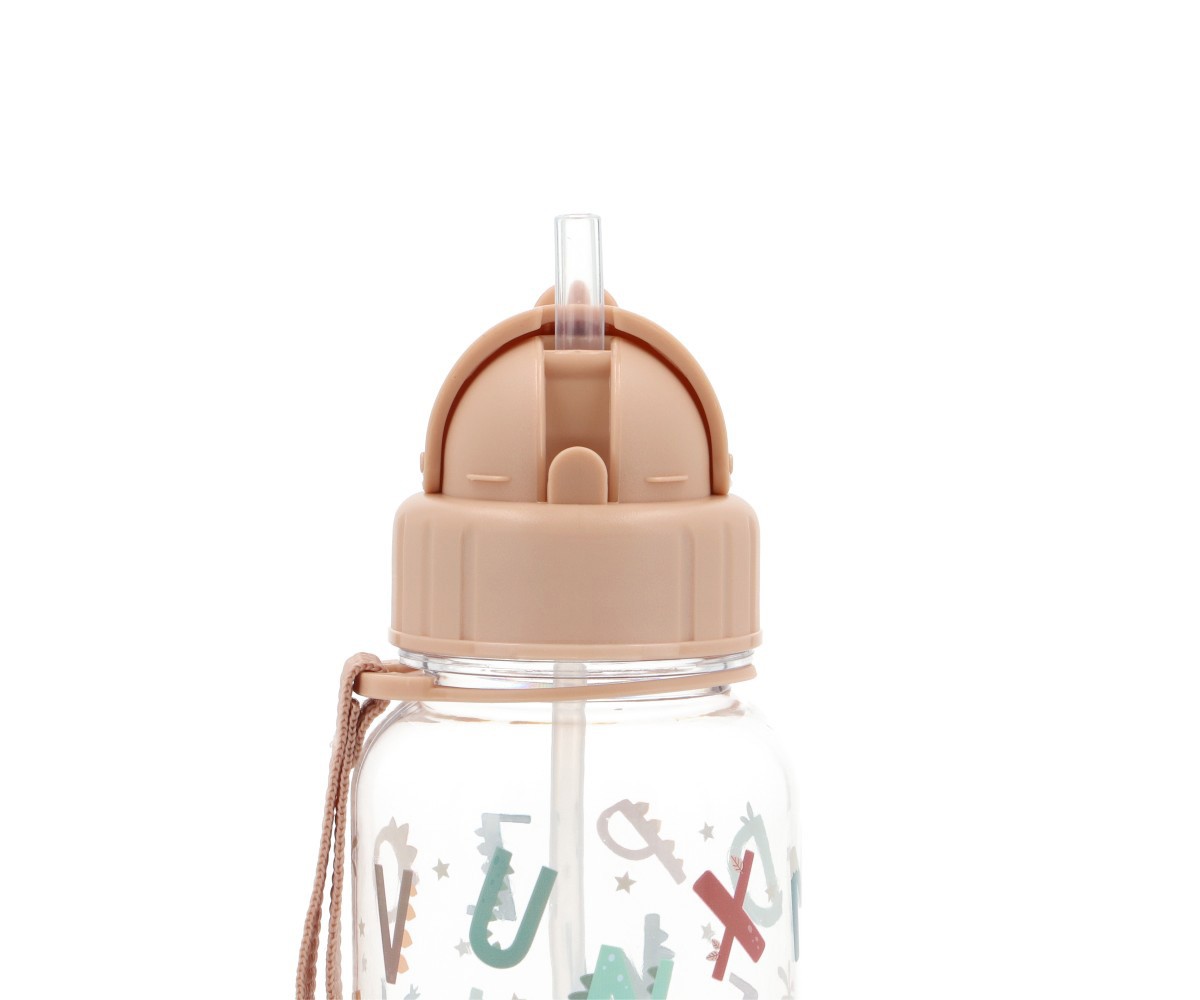 Garrafa de beber transparente com tampa rosa e padrão colorido de letras