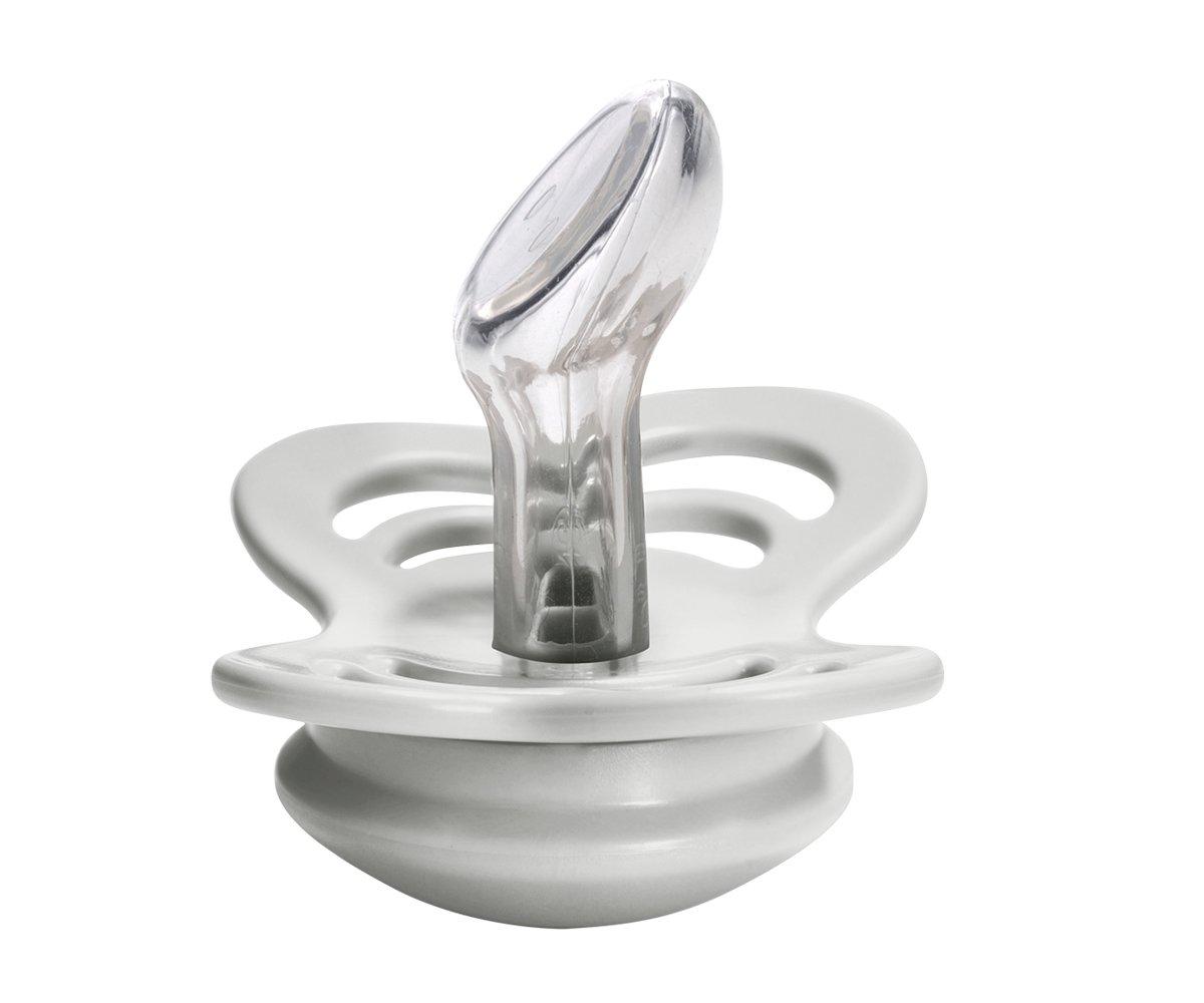 Chupeta cinzenta com base em forma de borboleta e bocal transparente