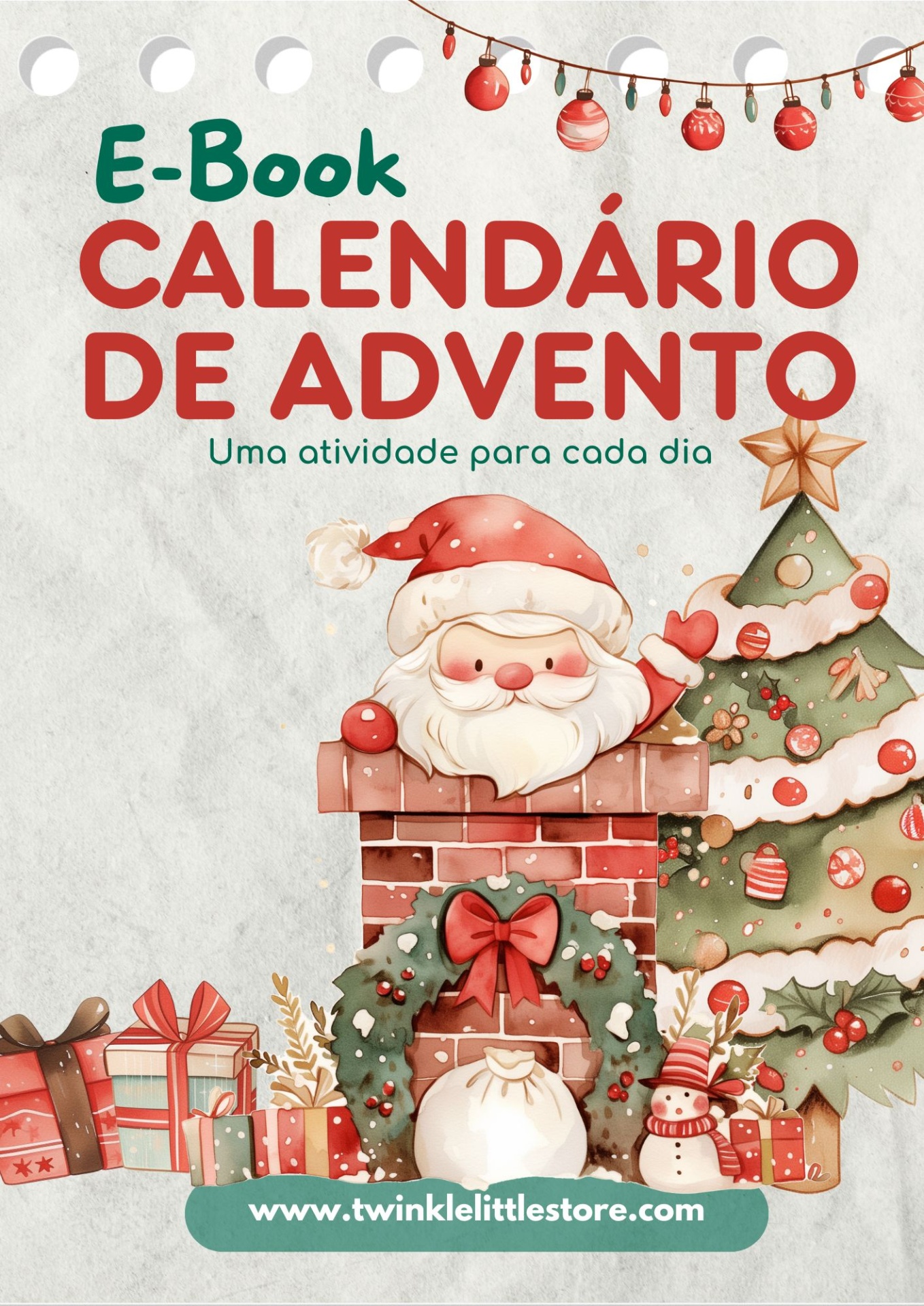 E-book Calendário de Advento com ilustrações de Natal, Pai Natal, chaminé, árvores e presentes