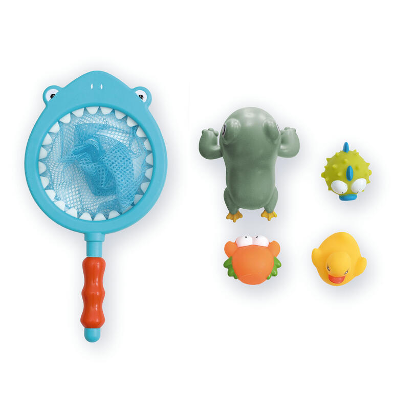 Brinquedos de banho para crianças incluindo rede azul e quatro figuras coloridas