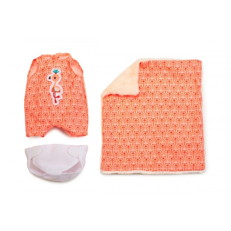 Conjunto de cobertor e roupa de bebé cor de laranja com padrão repetitivo e aplique de flamingo
