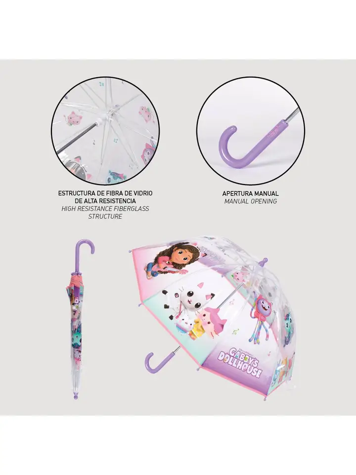 Guarda-chuva infantil transparente com personagens do Gabby's Dollhouse e cabo lilás