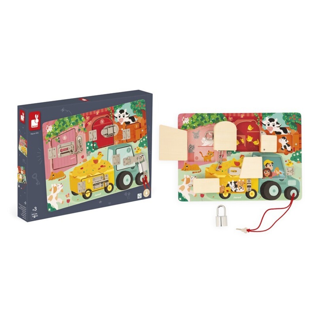 Jogo infantil de madeira com tema de quinta e cadeado, com embalagem Janod