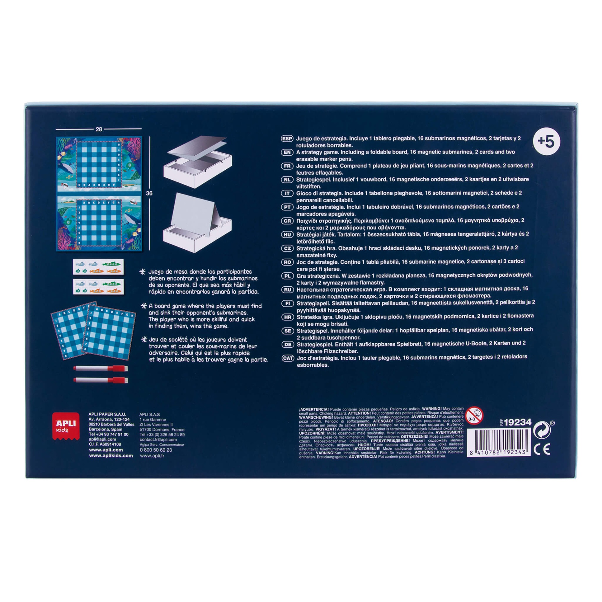 Caixa azul com jogo de estratégia e componentes visíveis