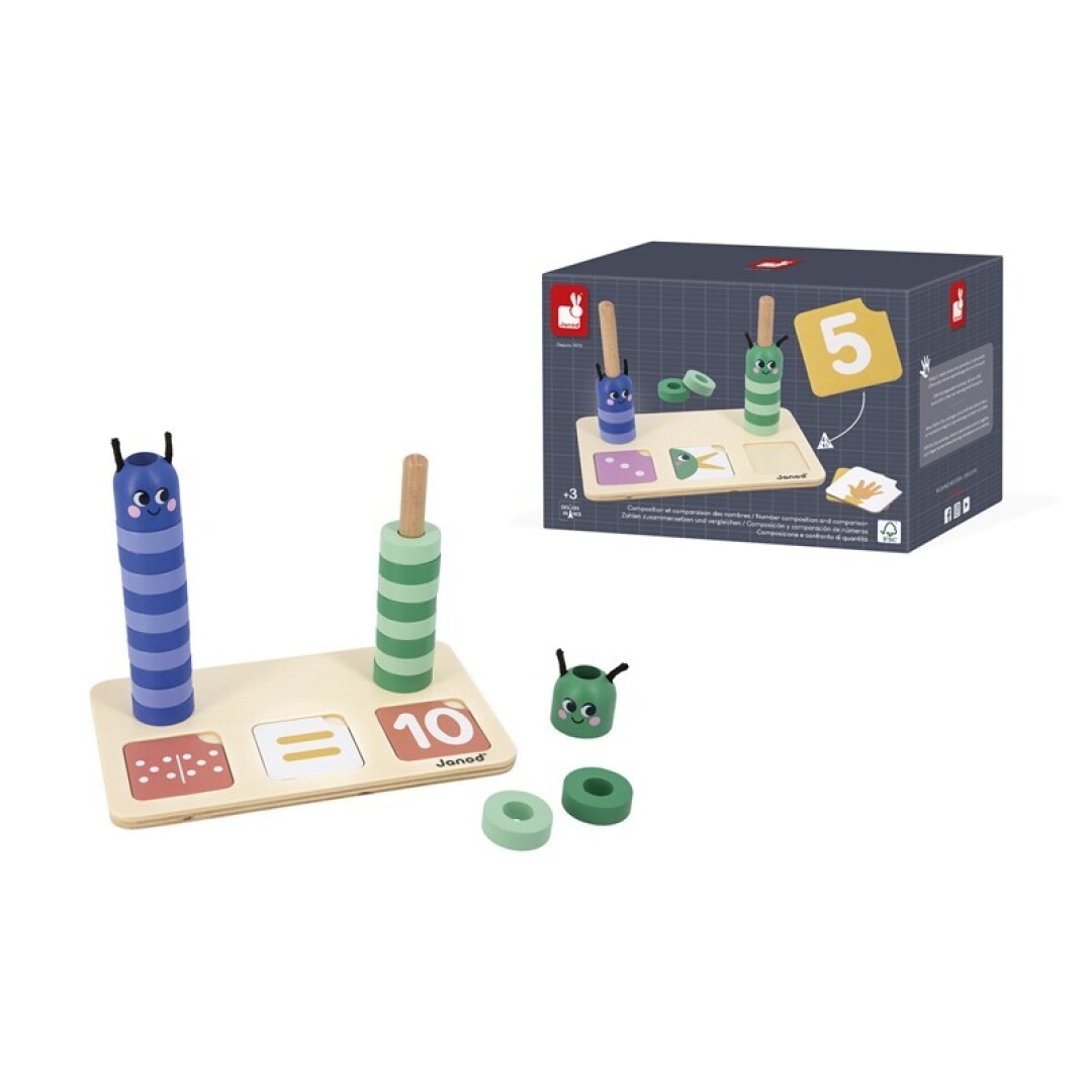 Jogo educativo em madeira com peças azuis e verdes e caixa.