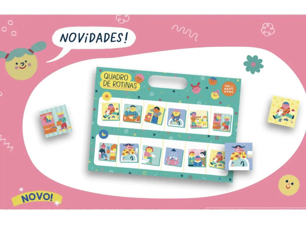 Quadro de rotinas com ilustrações coloridas e duas peças adicionais em fundo rosa