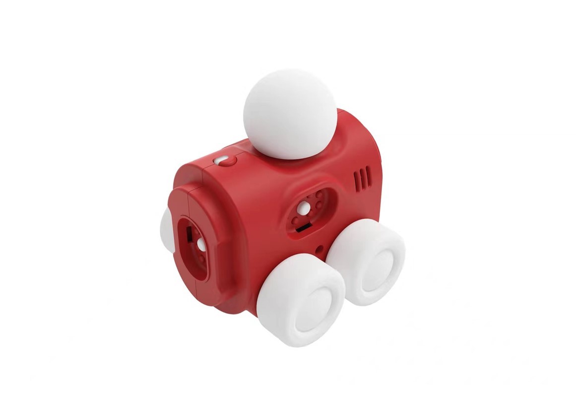 Brinquedo vermelho com rodas brancas e esfera no topo