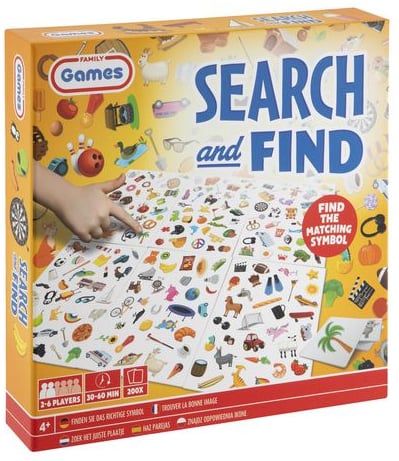 Caixa de jogo de tabuleiro SEARCH and FIND da FAMILY Games com várias imagens coloridas