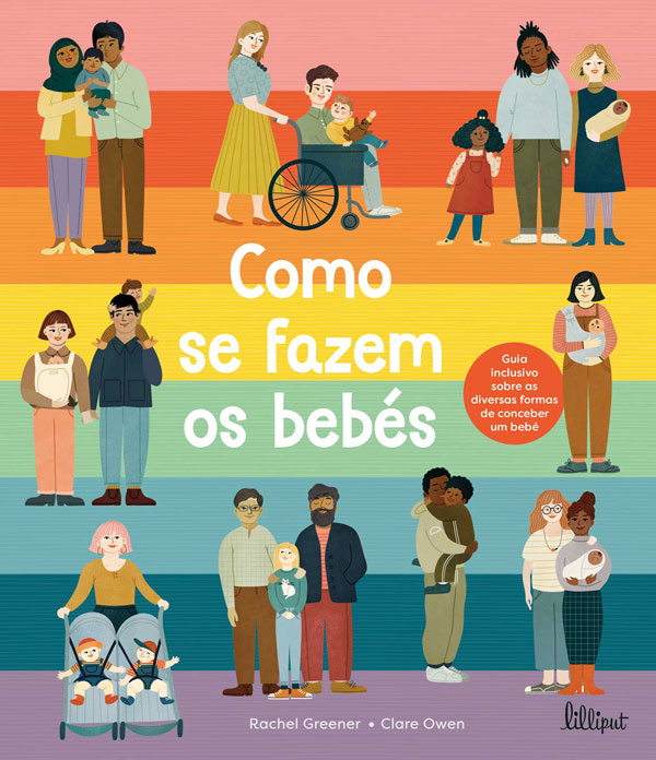 Capa de livro colorida com título 'Como se fazem os bebés' e ilustrações de várias famílias com bebés