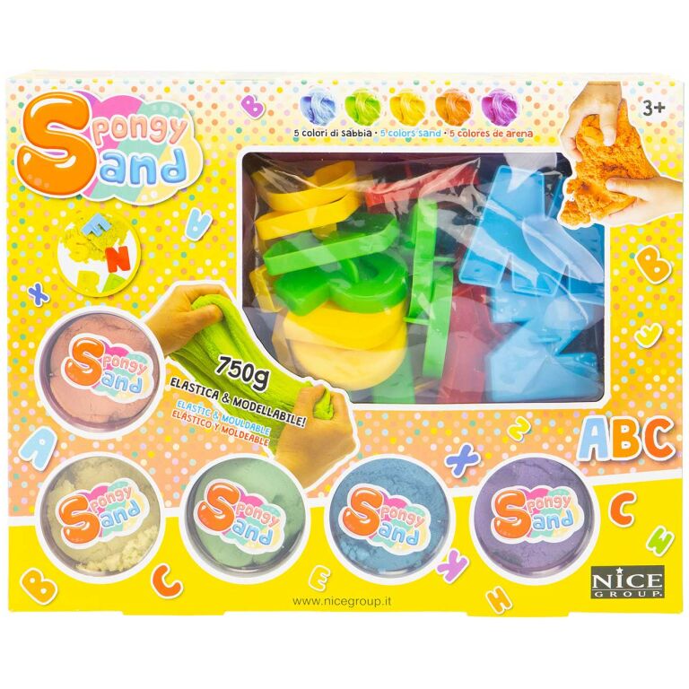 Conjunto Spongy Sand com areia colorida e moldes numa caixa amarela