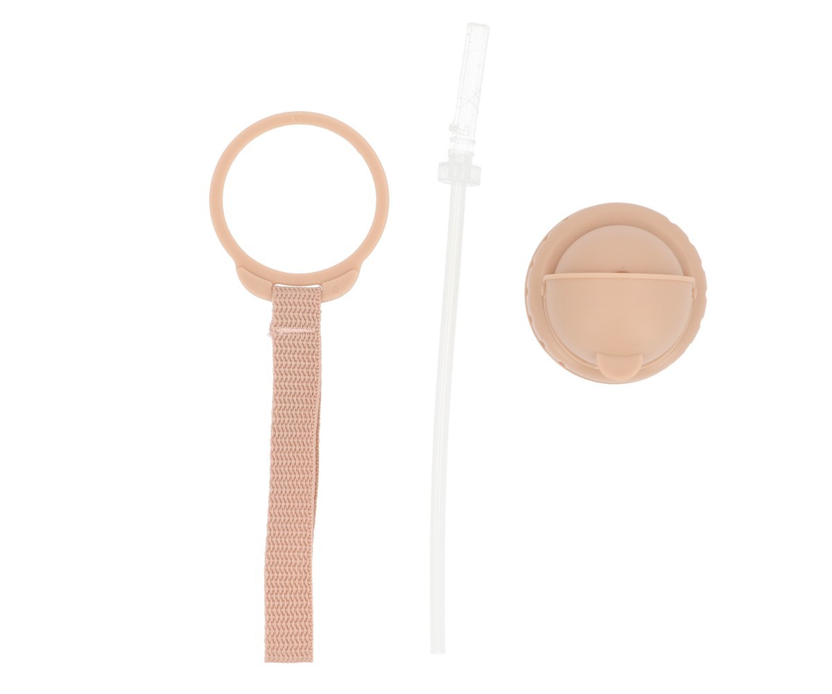 Componentes plásticos bege claro, incluindo anel com fita, tubo transparente e peça circular dividida