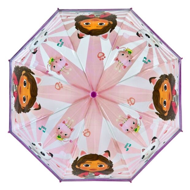 Guarda-chuva infantil rosa com personagens animados e notas musicais