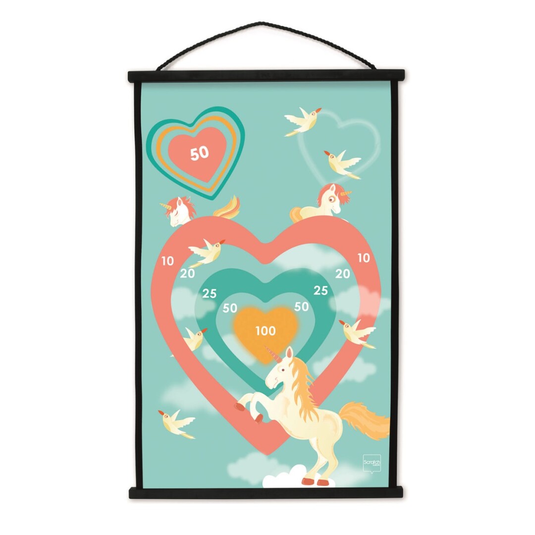 Alvo decorativo com corações coloridos, unicórnio e aves em fundo azul
