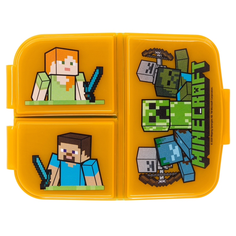 Estojo amarelo com personagens Minecraft em design pixelizado e texto MINECRAFT