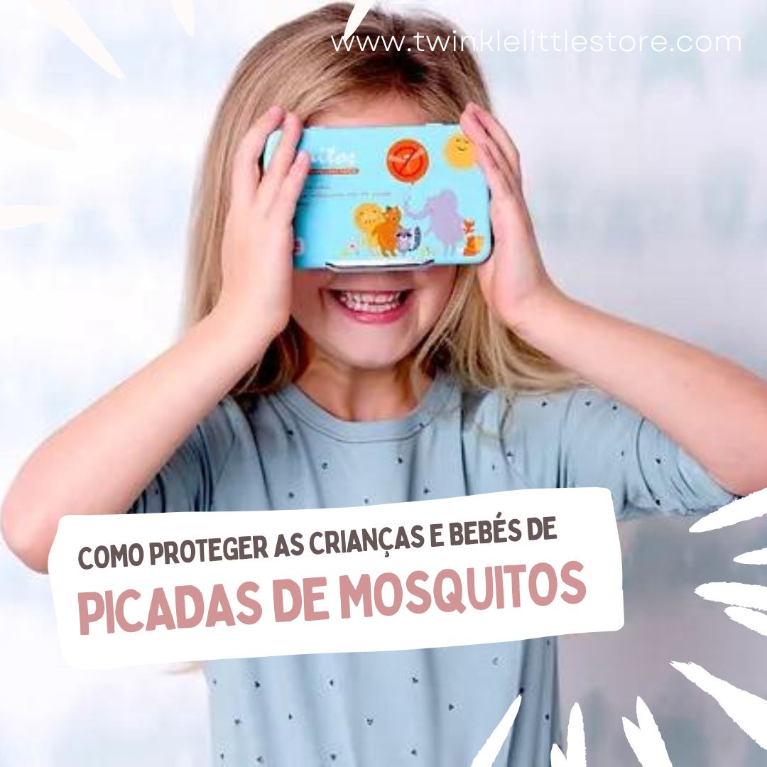 Como proteger os Bebés e crianças de Picadas de Mosquitos Criança segurando caixa azul com ilustrações de animais e texto sobre proteção contra picadas de mosquitos.
