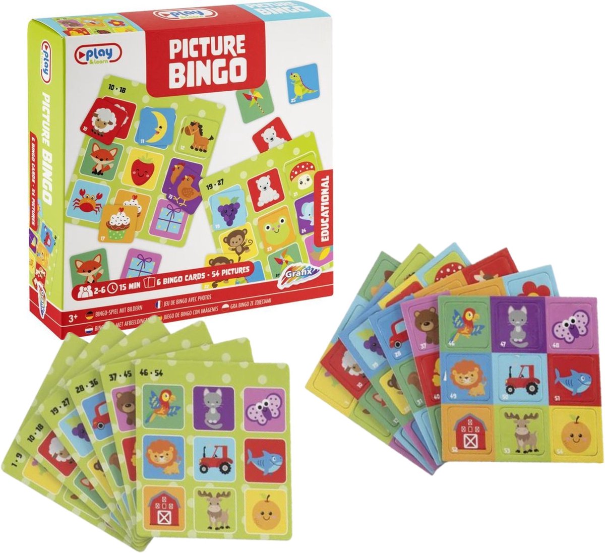 Jogo de bingo educativo com cartas coloridas e caixa com o texto 'Picture Bingo'.