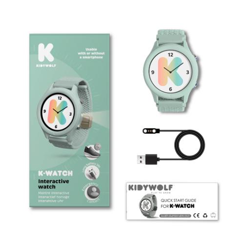 Relógio interactivo K-Watch verde água com bracelete tecido, cabo USB e guia numa embalagem verde