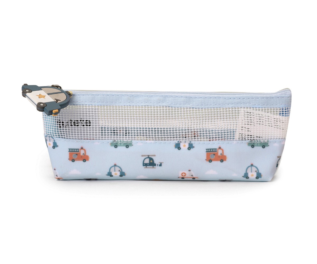 Estojo azul claro com padrão de veículos e parte superior em rede transparente