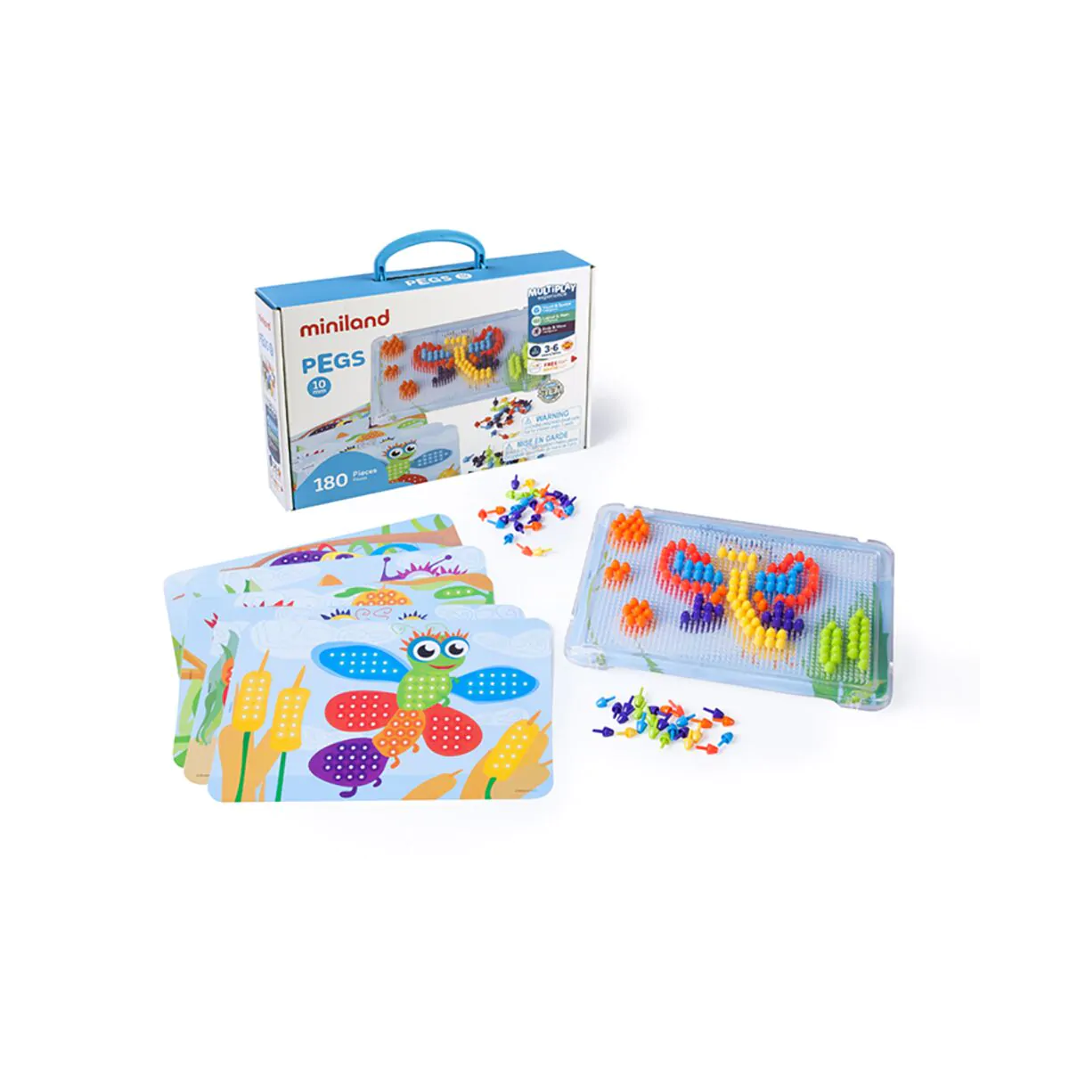 Jogo didático Miniland PEGS com peças coloridas e tabuleiros temáticos