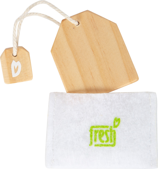 Etiqueta de madeira em forma de casa com saco branco e logotipo 'fresh' verde